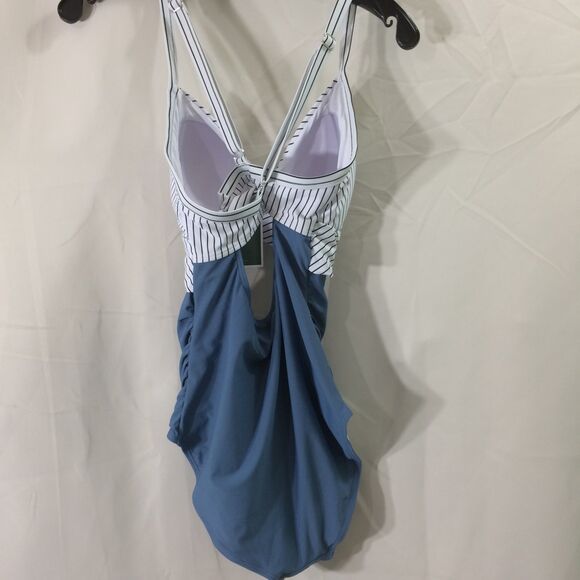 NEW Eomenie Swimsuit Medium NWT Blue White Stripe Cutout Criss Cross Tie Back - Picture 4 of 7